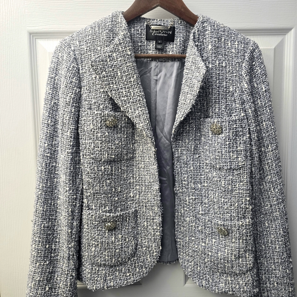 St John Couture Tweed Womens Blazer Jacket - Gray & White - EUC
